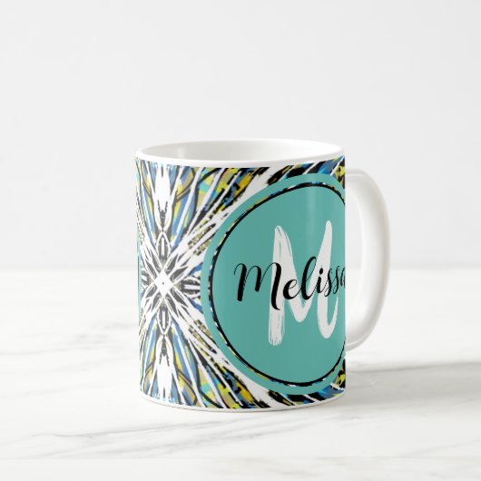 Abstracte Splatter Art  Blauwgroen en wit monogram Koffiemok (Voorkant rechts)