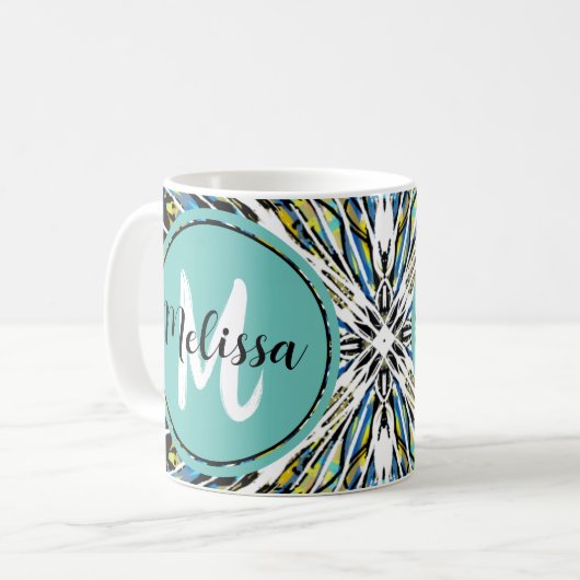 Abstracte Splatter Art  Blauwgroen en wit monogram Koffiemok (Voorkant links)