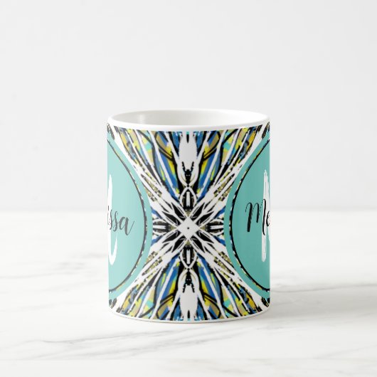 Abstracte Splatter Art  Blauwgroen en wit monogram Koffiemok (Center)