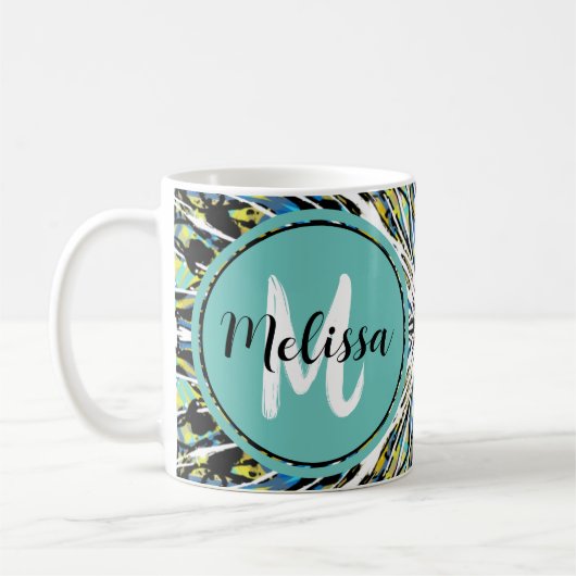 Abstracte Splatter Art  Blauwgroen en wit monogram Koffiemok (Links)