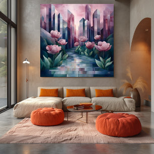 Abstracte Stadstuin met Geometrische Torens & Roze Canvas Afdruk
