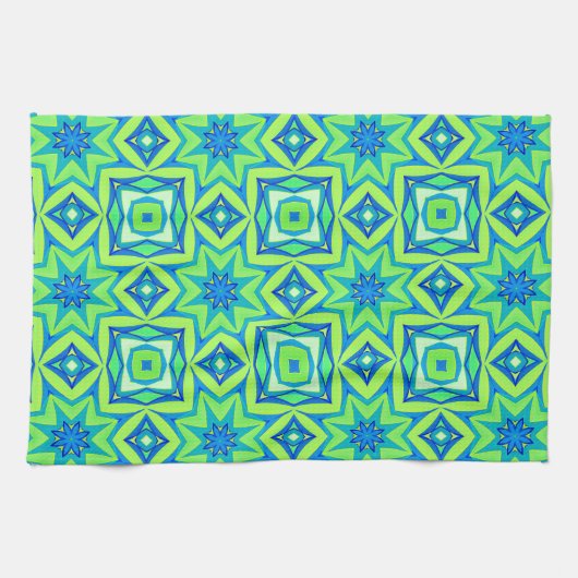 Abstracte Star Geometric - Lime Green en Blue Theedoek (Horizontaal)
