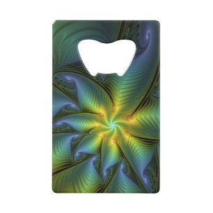 Abstracte Star, glimmende Blauwe Groene Golden Fra Kredietkaart Flessenopener
