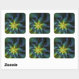 Abstracte ster, glanzende blauwe groene gouden fra vierkante sticker
