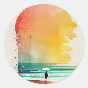 Abstracte strandkunst 'Lopen in de golven' Ronde Sticker