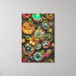 Abstracte Surreal Gears Flowers Steampunk Art Canvas Afdruk