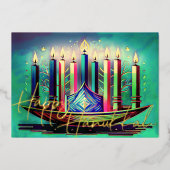 Abstracte tekening Menorah Happy Chanoeka Blauw Folie Feestdagenkaart (Voorkant)
