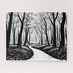 Abstracte tekening silhouet bomen Paarse bladeren Legpuzzel
