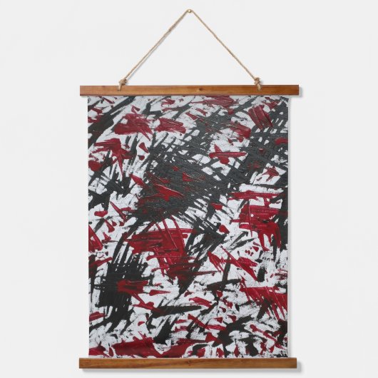 Abstracte tekens in zwart en rood hangend wandkleed (Voorkant)