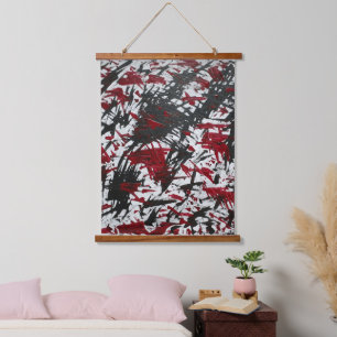 Abstracte tekens in zwart en rood hangend wandkleed