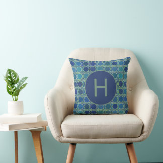 Abstracte tinten blauw cirkelpatroon monogram kussen
