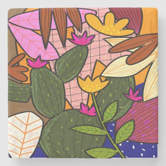 Abstracte tropische bladeren en bloemen stenen onderzetter (Voorkant)