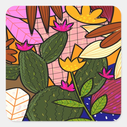 Abstracte tropische bladeren en bloemen vierkante sticker (Voorkant)