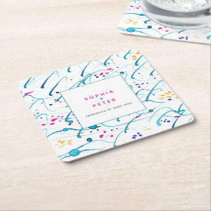 Abstracte tropische golven roze aqua sinaasappel b vierkante kartonnen onderzetter