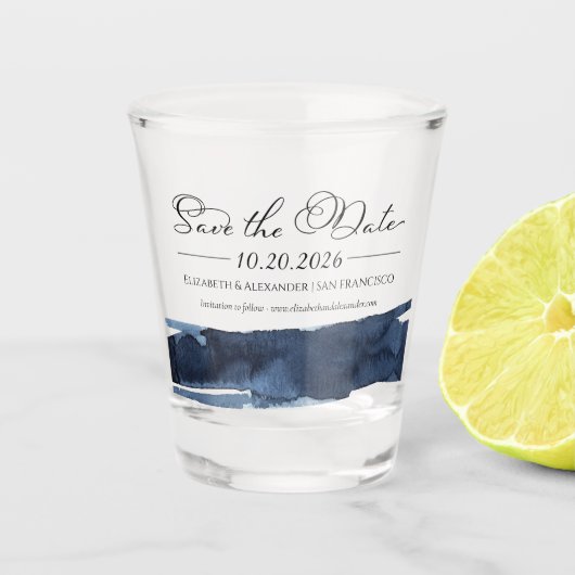 Abstracte trouwkaarten 'Save the Date' | Blauw Shot Glas (Voorkant)