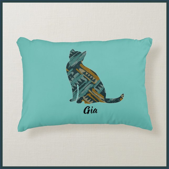 Abstracte Turquoise en Gold Cat Accent Kussen (Creator heeft geüpload)
