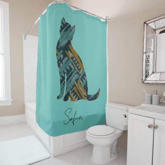 Abstracte Turquoise en Gold Cat Douchegordijn (In situ)