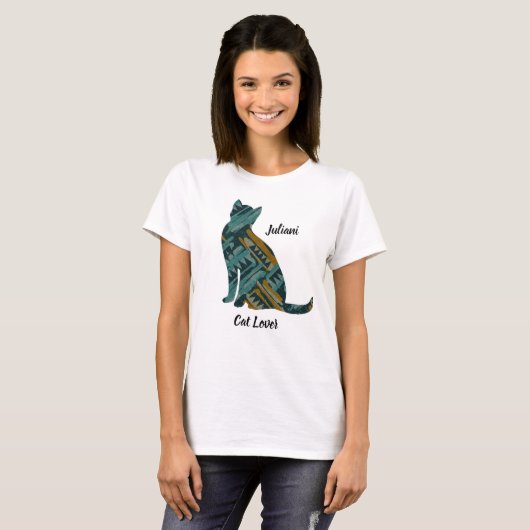 Abstracte Turquoise en Gold Cat Lover T-shirt (Voorkant volledig)