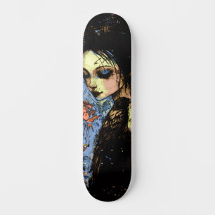 Abstracte Urban Art Gothic Girl Raven Red Rose Skateboard