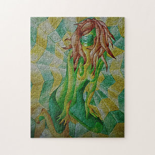 abstracte veelkleurige groene poserende dame retro legpuzzel