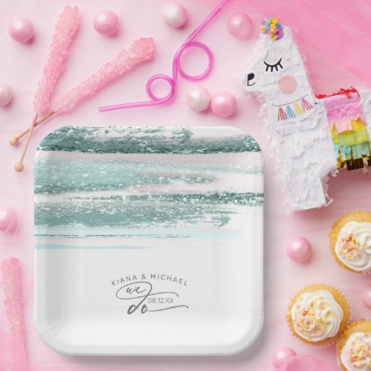 Abstracte verflijnen bruiloft We maken Blauwgroen Papieren Bordje (Feest)