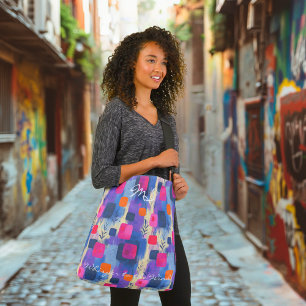 Abstracte vierkanten in blauw en roze met geometri draagtas