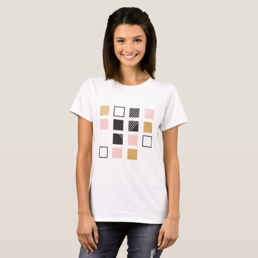 Abstracte vierkanten Roze Zwart Tan Wit T-shirt (Voorkant volledig)
