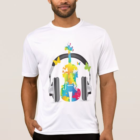Abstracte viool met hoofdtelefoon en muziekkunst t-shirt (Voorkant)