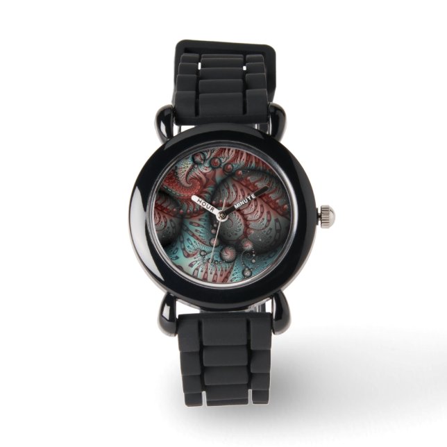 Abstracte Vivid Fantasy Fractal Art Bruin Blauw Horloge (Voorkant)