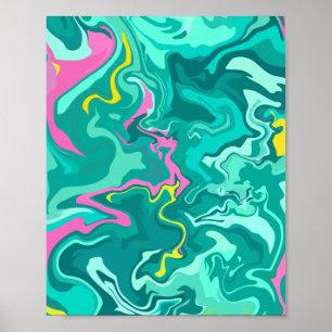 Abstracte vloeibare kunst met groen, roze en geel poster