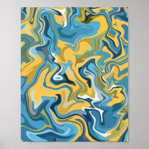 Abstracte vloeiende kunst met blauwe en gele werve poster