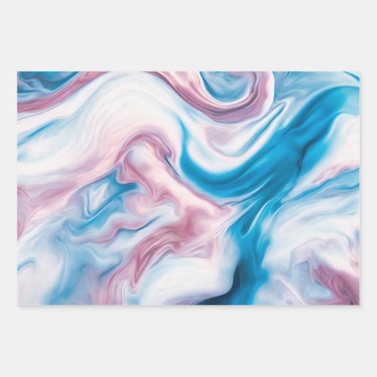 Abstracte vloeistofinkt in blauw, roze en wit inpakpapier vel (Voorkant)