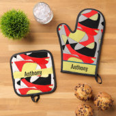 abstracte vormen - naam ovenhandschoen & pothol ovenwant & pannenlap set (Top down)