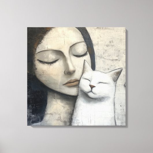 Abstracte vrouw die vrolijke witte kat knuffelt canvas afdruk (Voorkant)