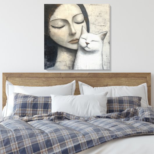 Abstracte vrouw die vrolijke witte kat knuffelt canvas afdruk (Insitu (Slaapkamer))