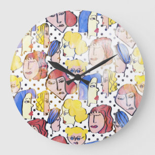 Abstracte vrouw gezichten, waterverf polka stippen grote klok
