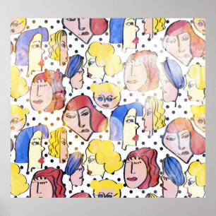 Abstracte vrouw gezichten, waterverf polka stippen poster