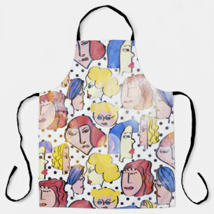 Abstracte vrouw gezichten, waterverf polka stippen schort