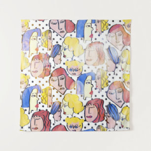 Abstracte vrouw gezichten, waterverf polka stippen wandkleed