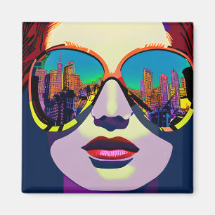 Abstracte Vrouw in Zonnebril met Stadsbezinning Magneet