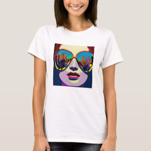 Abstracte Vrouw in Zonnebril met Stadsbezinning T-shirt
