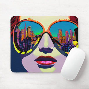 Abstracte vrouw in zonnebril met stadsreflectie muismat