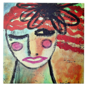 Abstracte Vrouw met Bloemschilderij op OSB-bord Tegeltje