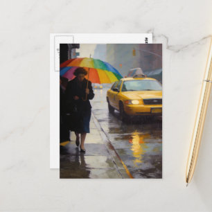 Abstracte vrouw met een regenboogparaplu taxi op e briefkaart