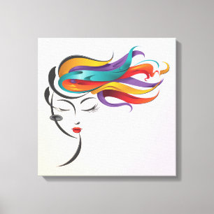 Abstracte vrouw met kleurrijke vloeiende haarkunst canvas afdruk