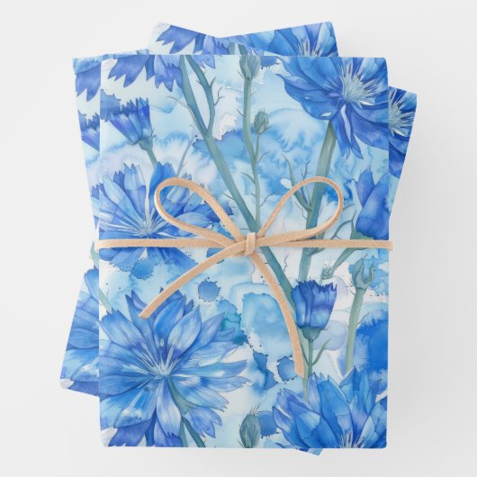 Abstracte Waterverf Blauw en Wit Bloemen Inpakpapier Vel (In situ)