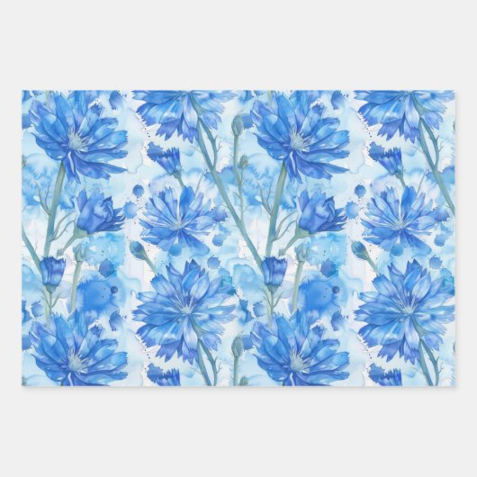 Abstracte Waterverf Blauw en Wit Bloemen Inpakpapier Vel (Voorkant)