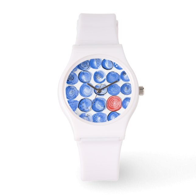 Abstracte Waterverf Blauwe Stippen Horloge (Voorkant)