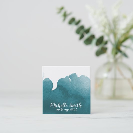 Abstracte waterverf blauwgroen kleur splash pensee vierkante visitekaartje (Staand voorkant)