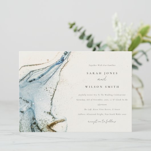 Abstracte Waterverf Blue Gold Beachy Wedding Kaart (Staand voorkant)